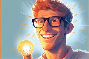 illustration of creative and emotional man an light bulb on light background. Business idea. photo