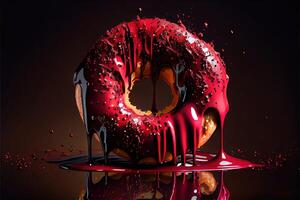 illustration of oil splatters, giant glistening doughnut, dark red candy apple, over top and dripping down sides, floating in black back drop. Digitally generated image photo