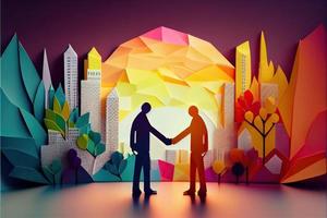 Business man in the city background, colorful. Business handshaking, successful concept. Paper cut craft, 3d paper illustration style. Neural network generated art. photo