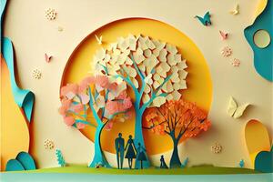 illustration of origami spring background, joyful elderly, happy family with parent, colorful. Paper cut craft, 3d paper illustration style, pop color. Neural network generated art. photo