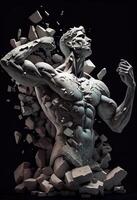 illustration of realistic stone man sculpture broken and pieces in black background. Motivation and surpassing yourself concept photo