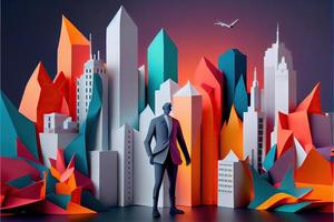 Business man in the city background, colorful. Business handshaking, successful concept. Paper cut craft, 3d paper illustration style. Neural network generated art. photo