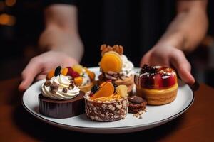 sweet menu restaurant serving, plate with desserts in female hands photo