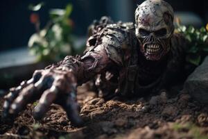 zombie skeleton crawls out of the ground, halloween horror photo