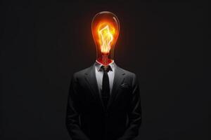 creative business idea, man with black suit and yellow bulb lamp head photo