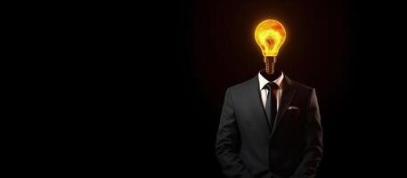 creative business idea, man with black suit and yellow bulb lamp head copy space photo