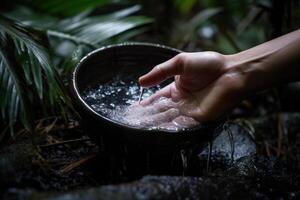 hidratante el piel selva tropical agua, lavar mano en un cuenco de agua generativo ai foto