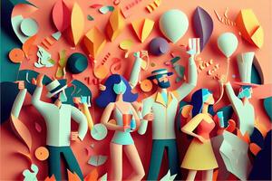 illustration of People in New Year's Eve party background, men and women celebrating holidays together, partying, cheering and dancing. Paper cut craft, 3d paper illustration style. photo