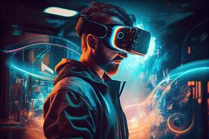 illustration of man with virtual reality VR goggle playing AR augmented reality game and entertainment, futuristic metaverse gameFi NFT game ideas photo