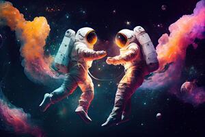 illustration of two astronauts, dressed in spacesuits, are floating in zero gravity while dancing closely. The background is a breathtaking view of the galaxy, with stars and nebulae photo