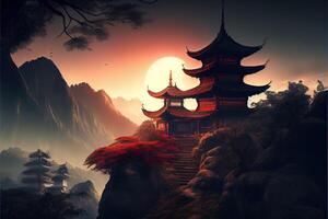 illustration of Fantasy background with mysterious ancient Chinese temple in mountains. Digital artwork. Chinese style. Gaming and art concept. photo