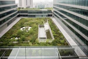 illustration of Gorgeous garden on the rooftop of a contemporary glass office building in Asia photo