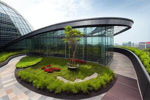 illustration of Gorgeous garden on the rooftop of a contemporary glass office building in Asia photo