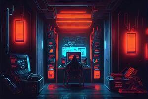 generativo ai ilustración de juego de azar fondo, resumen cyberpunk estilo de jugador fondo de pantalla, neón resplandor ligero de ciencia ficción fluorescente palos digitalmente generado imagen foto