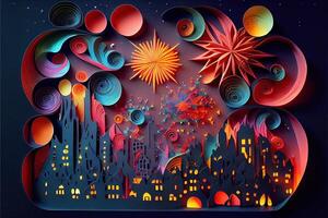 illustration of Photo paper cut quilling multidimensional paper cut, craft paper illustration, fireworks and beautiful city in new year eve, national day with colored lights, pop color.