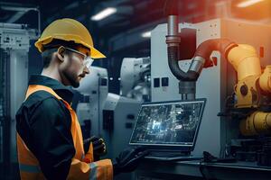 illustration of a real time monitoring system's software, manager engineers inspect and operate automation robot arms machines in intelligent factories, robots welding photo
