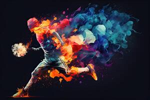 illustration of the essence of a soccer player in motion as they kick a ball with intense energy, surrounded by vibrant colors and splashes photo