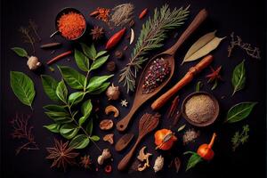 illustration of wide variety spices and herbs on background of black table, with empty space photo