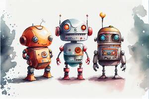 illustration of a cute robot collection on white background with margins, watercolor photo