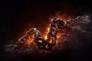illustration of breaking steel chain with fire dust in dark background. Neural network generated art. photo