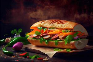 generativo ai ilustración de banh mi Vietnam pan, alimento, estudio, asiático, vietnamita emparedado , vietnamita alimento, Copiar espacio foto