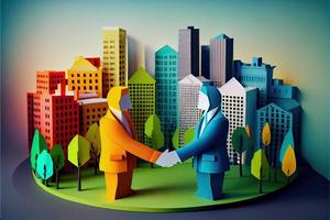 Business man in the city background, colorful. Business handshaking, successful concept. Paper cut craft, 3d paper illustration style. Neural network generated art. photo