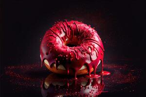 illustration of oil splatters, giant glistening doughnut, dark red candy apple, over top and dripping down sides, floating in black back drop. Digitally generated image photo