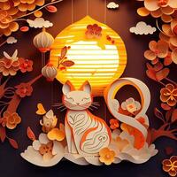 generativo ai ilustración de papel cortar artesanía, encañonado multi dimensional vietnamita estilo, linda zodíaco gatito gato con linternas en fondo, chino nuevo año. 3d papel ilustración estilo. foto