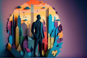 Business man in the city background, colorful. Business handshaking, successful concept. Paper cut craft, 3d paper illustration style. Neural network generated art. photo