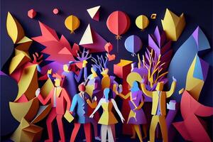 illustration of People in New Year's Eve party background, men and women celebrating holidays together, partying, cheering and dancing. Paper cut craft, 3d paper illustration style. photo