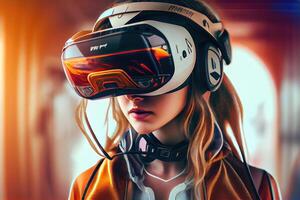 illustration of an enthusiastic young women wearing virtual reality goggles is inside the metaverse. Metaverse concept and virtual world elements photo