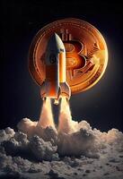 illustration of bitcoin to the moon, bit coin logo and spaceship photo