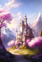 illustration of magical land of enchanted forests, castle, sparkling waterfalls and lush meadows, lake and fairy tail photo