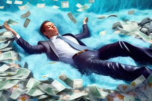 illustration of businessman swimming in the very large pile of money photo