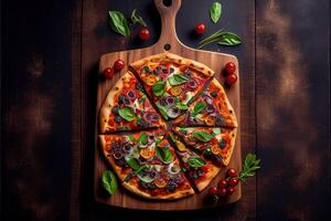 illustration of Homemade pizza with tomato and olives on wooden pizza board, top view, flat lay. Dark stone background photo