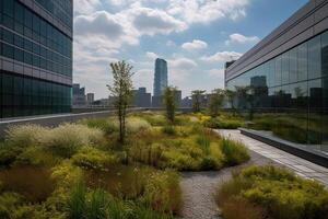 illustration of Gorgeous garden on the rooftop of a contemporary glass office building in Asia photo