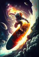 illustration of a space explorer riding a rocket-powered surfboard through an asteroid field, in a digital art style with a galactic color palette photo