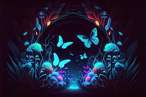 illustration of Abstract neon background with flowers and butterflies. Abstract fantasy floral sci - fi neon portal, neon illumination. Plant light neon tunnel with butterflies. photo