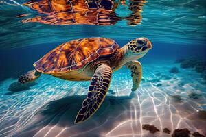 generativo ai ilustración de un mar Tortuga en cristal claro agua. increíble cristalino fondo del mar. arrecife lleno de vida foto