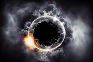 illustration of white smoke exploding outwards with empty center. Dramatic smoke or fog effect for spooky, hot lighting ring circle photo