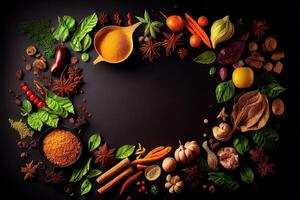 illustration of wide variety spices and herbs on background of black table, with empty space photo