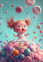 illustration of cute baby character and a lot of lollipops flying around, background confectionery photo