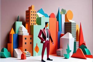 Business man in the city background, colorful. Business handshaking, successful concept. Paper cut craft, 3d paper illustration style. Neural network generated art. photo