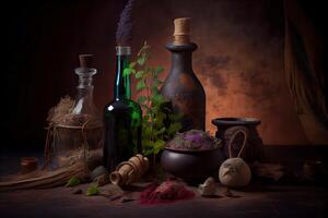 illustration of the ingredients of a flower vase arranged for a witch's cookbook. Herbs, bottles, vials, terracotta mixing pot photo