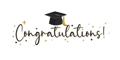 Congratulations Handwritten modern brush lettering with golden stars and academic cap.  Congrats Graduated greeting sign. vector