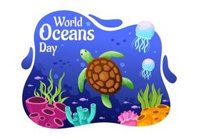 World Oceans Day Illustration to Help Protect and Conserve Ocean, fish, Ecosystem or Sea Plants in Flat Cartoon Hand Drawn for Landing Page Templates vector