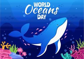 World Oceans Day Illustration to Help Protect and Conserve Ocean, fish, Ecosystem or Sea Plants in Flat Cartoon Hand Drawn for Landing Page Templates vector