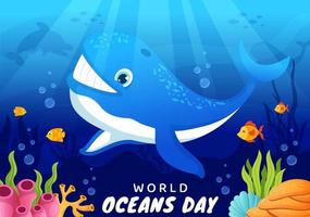 World Oceans Day Illustration to Help Protect and Conserve Ocean, fish, Ecosystem or Sea Plants in Flat Cartoon Hand Drawn for Landing Page Templates vector