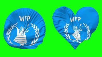 monde nourriture programme, wfp drapeau dans cœur et rond forme agitant sans couture en boucle, en boucle agitant lent mouvement drapeau, chrominance clé, 3d le rendu video