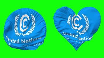 uni nations cadre convention sur climat changement, unfccc drapeau dans cœur et rond forme agitant sans couture en boucle, en boucle agitant lent mouvement drapeau, chrominance clé, 3d le rendu video